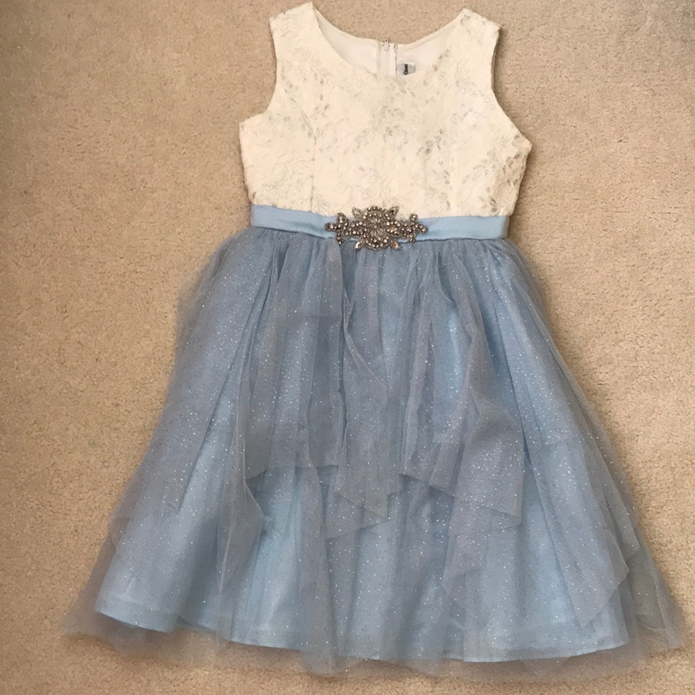 White and Blue Flower Girl Dress
